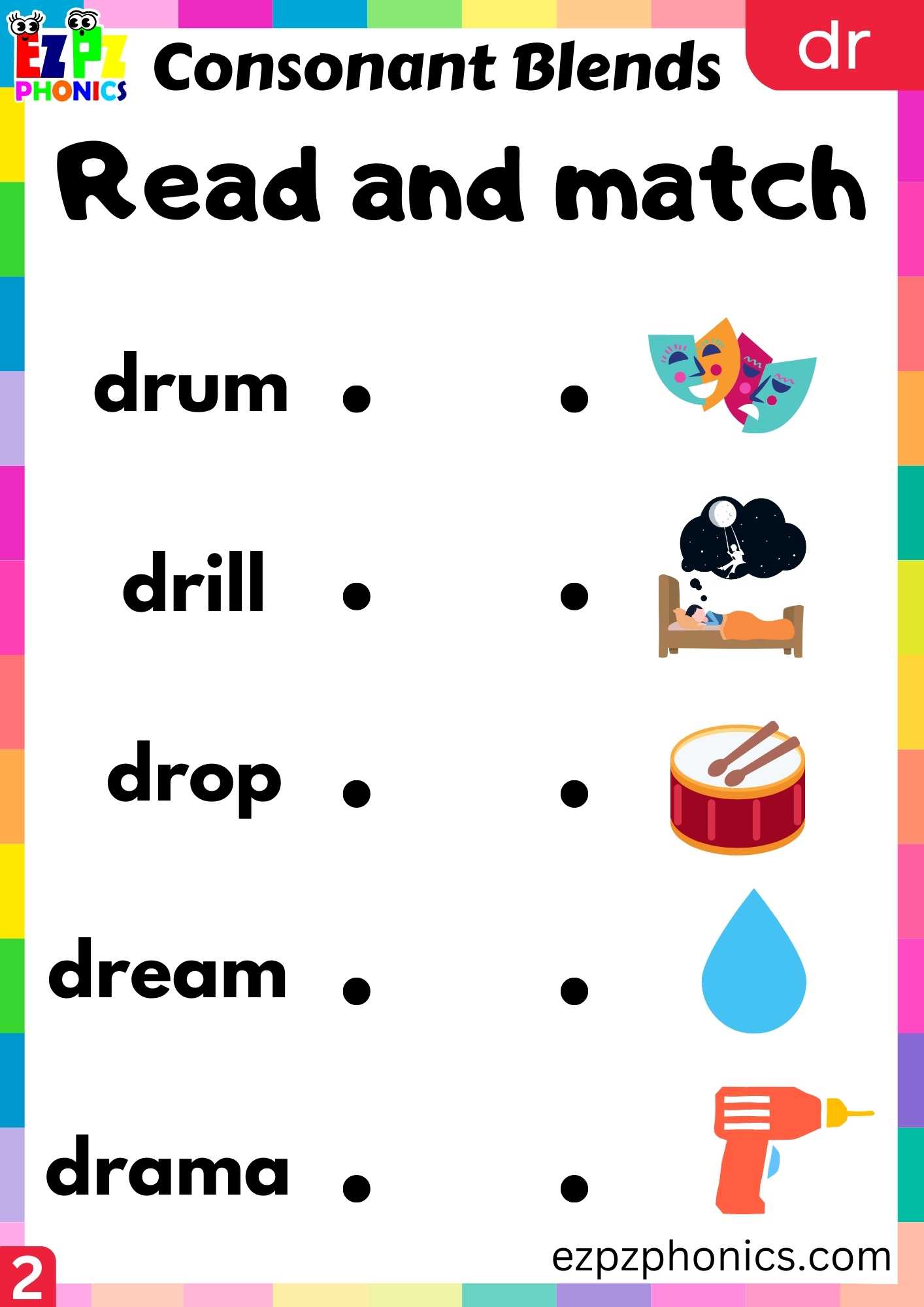 Group2 DR Words Read And Match Phonics Consonant Blends Worksheet